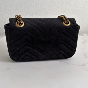 Black Quilted Heart Suede Crossbody Bag with Gold Chain